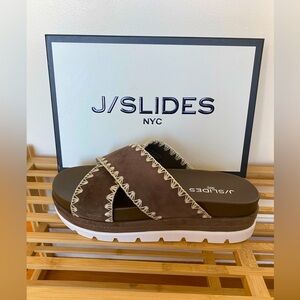 NIB J/Slides Brown Suede Leather Slides 8.5 Khaki Boo Flatform